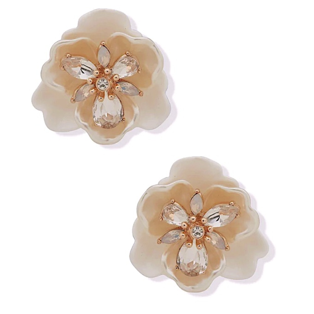 NWT Anne Klein Gold-Tone and Cream Crystal Flower Earrings